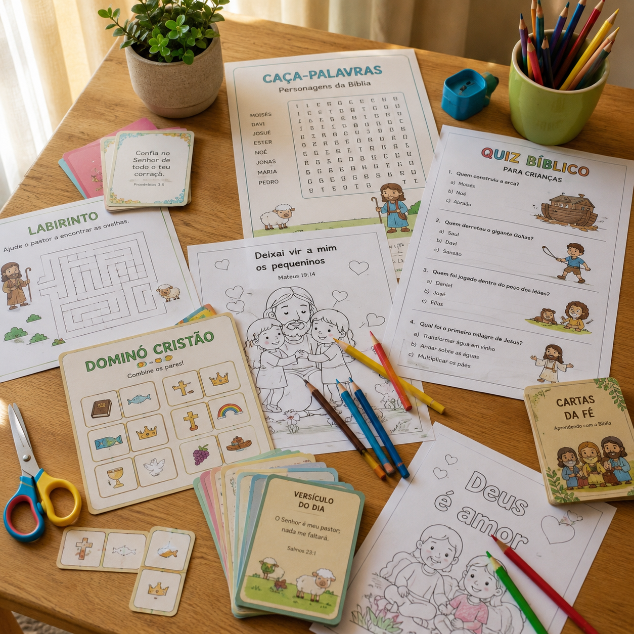 Atividades bíblicas coloridas espalhadas na mesa